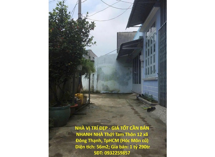 chinh chu ban nhanh nha dep gia tot tai thoi tam thon 12, xa dong thanh, tp.hcm (hoc mon cu); 0932259857