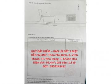 ⭐️Bán lô đất 2 mặt tiền thôn Phú Bình (x.Vĩnh Thạnh), P.Tây Nha Trang, Khánh Hòa; 1,3 tỷ; 0359143412